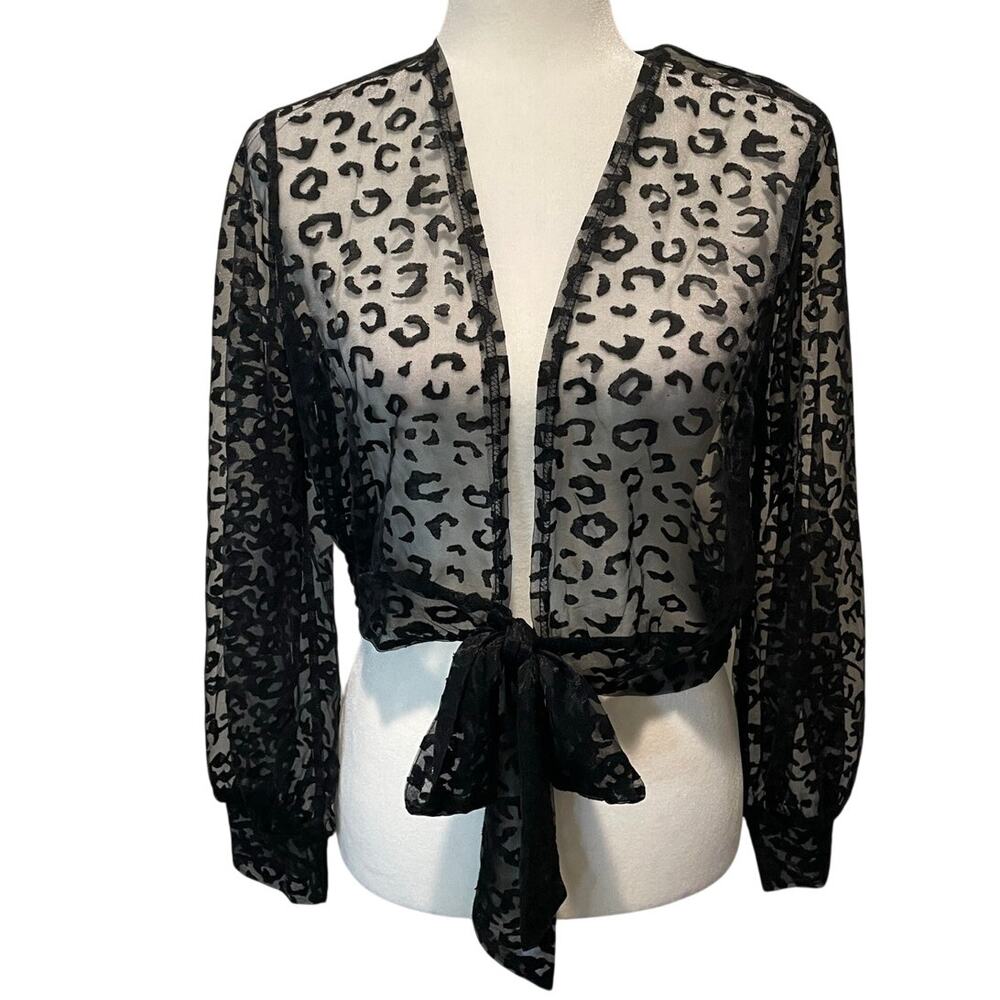 Ember Sheer Mesh Burnout Shrug Crop Top Sz L Long Sleeve Tie Front Whimsigoth
